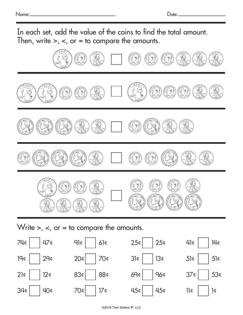 Comparing money amounts: students total paired coin sets, then write >, < or = for 16 cent pairs such as 74¢ and 47¢