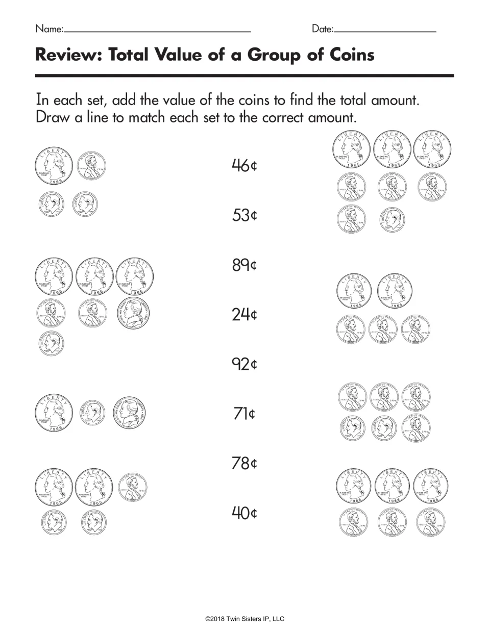 Coin total review, second set: students add eight coin groups and draw lines to amounts from 24¢ to 92¢