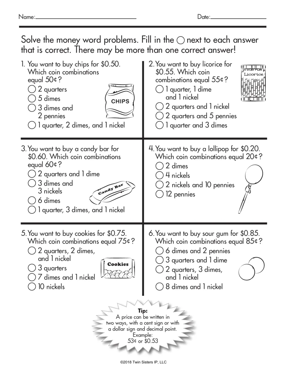 Money word problems: students mark each coin combination that equals a snack price from $0.20 to $0.85