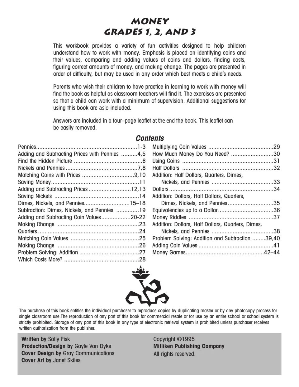 Workbook introduction and contents listing coin topics from pennies to half dollars, dollars, making change and games
