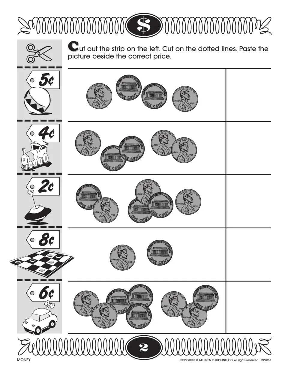 Matching toys to prices: students cut out the strip of priced toys and paste each beside the set of pennies of equal value