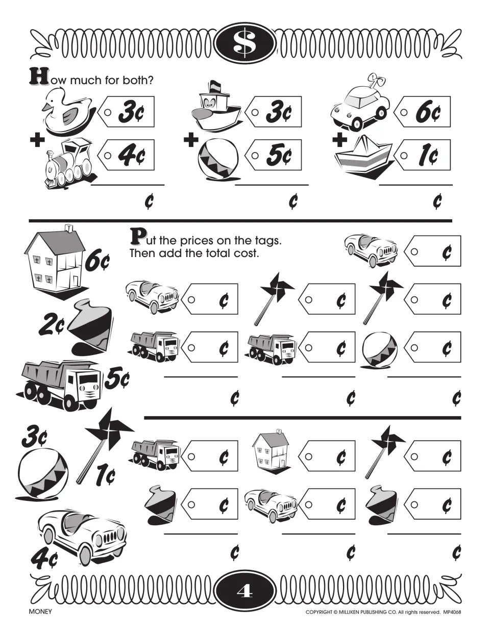 Adding toy prices: students total the cost of two toys, then copy prices from pictured toys onto tags and add each total