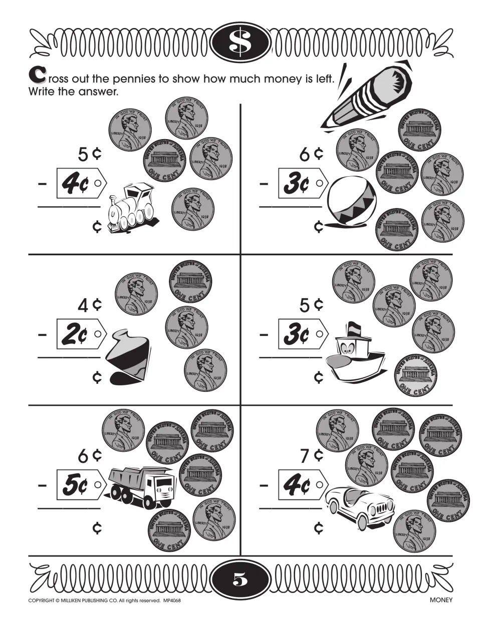 Subtracting with pennies: students cross out pennies to pay for each priced toy and write how much is left, as in 5¢ - 4¢