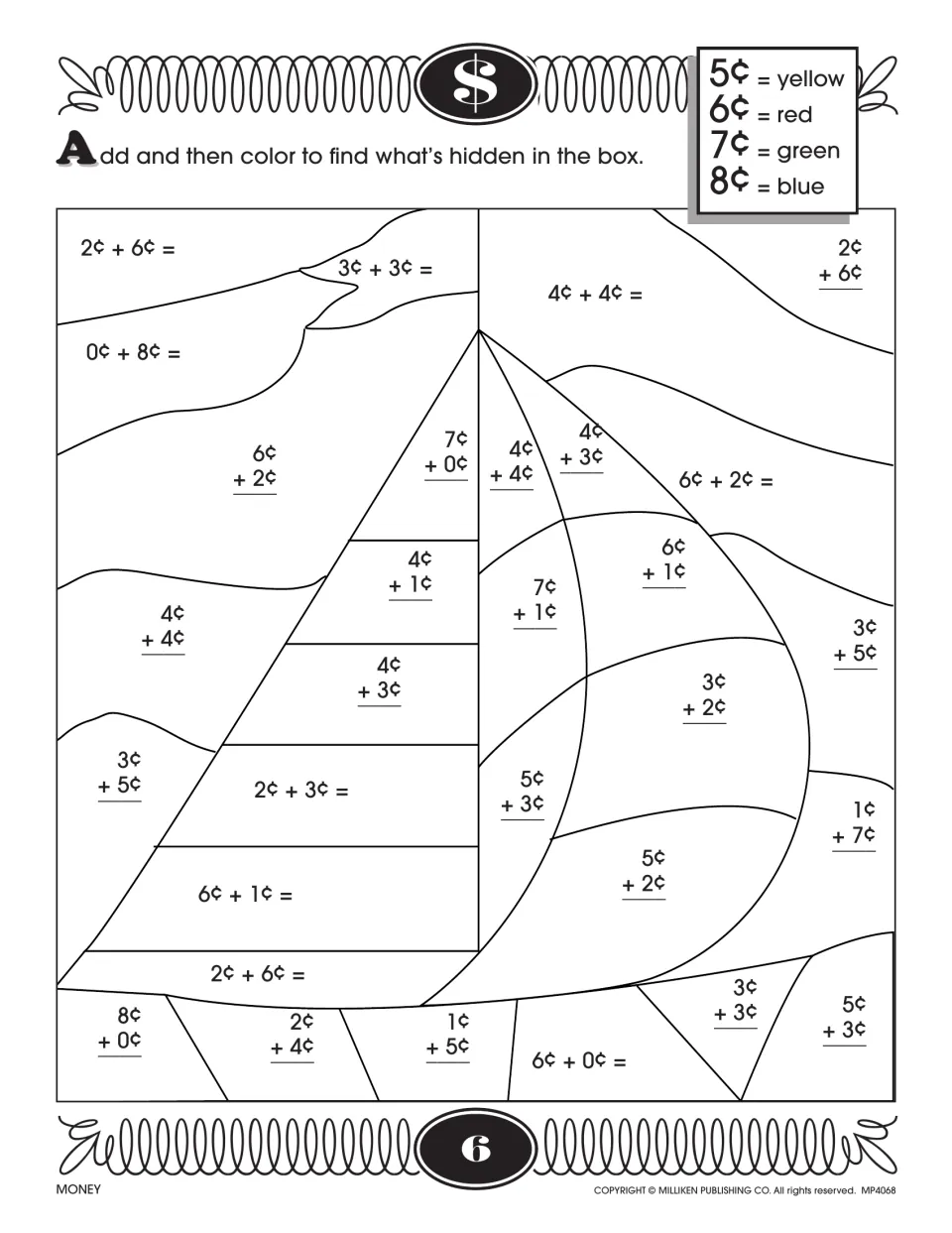 Hidden picture: students add cent sums up to 8¢, then color each part by the 5¢ yellow to 8¢ blue key to reveal a sailboat