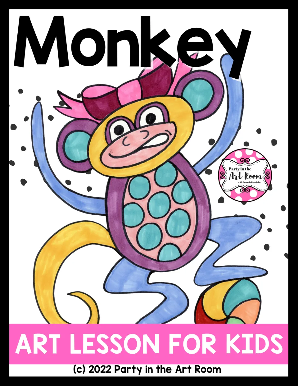 Cover of Monkey Art Lesson for Kids featuring a colored monkey with a bow, spotted belly, and curled tail