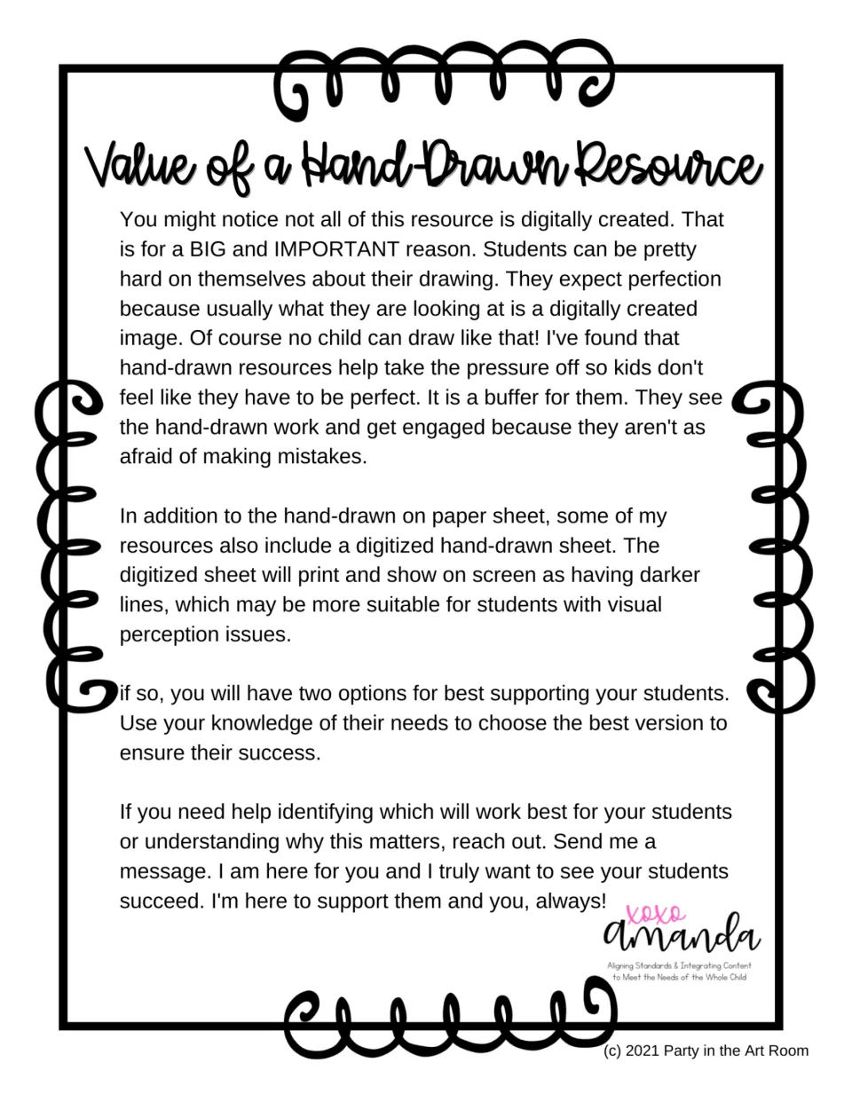 Teacher note explains how hand-drawn resources reduce pressure for perfection and discusses darker-line versions