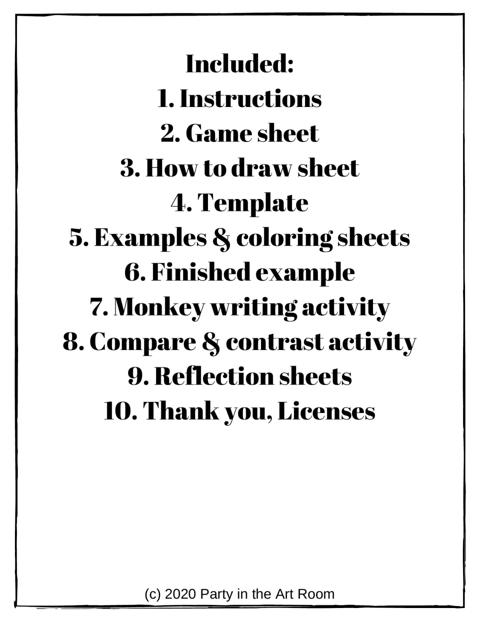 Contents lists 10 sections, including instructions, game sheet, drawing guide, template, and writing activity