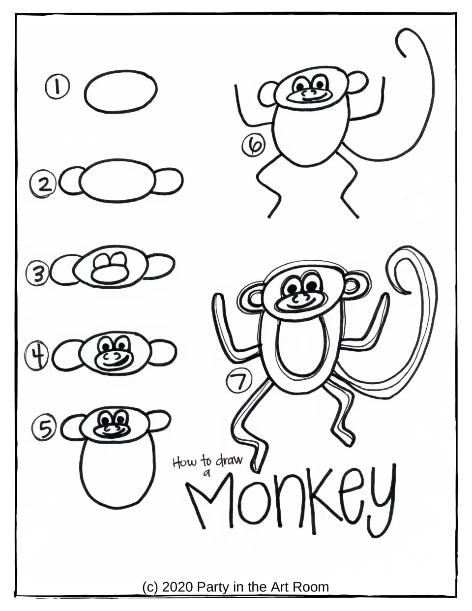 Seven-step monkey drawing guide builds from an oval head to ears, facial features, body, limbs, and tail