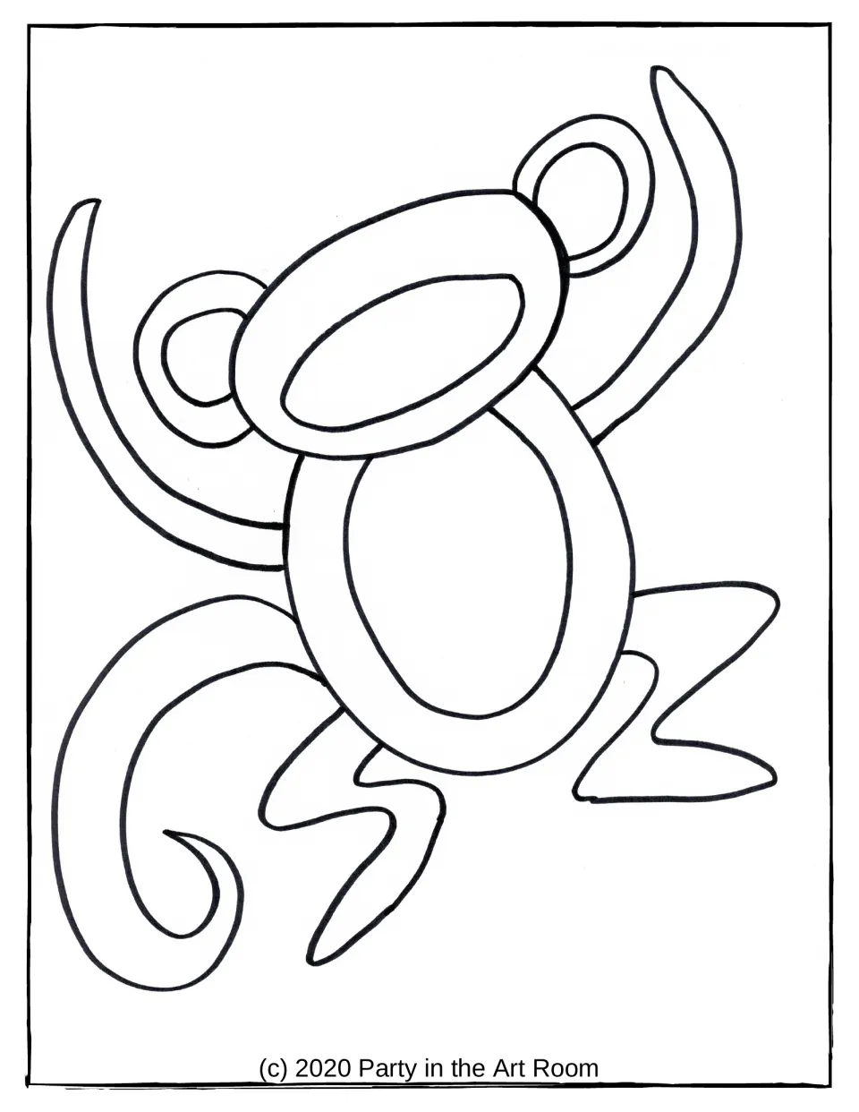 Monkey template for the drawing game provides a body with raised arms and a curled tail, leaving features blank