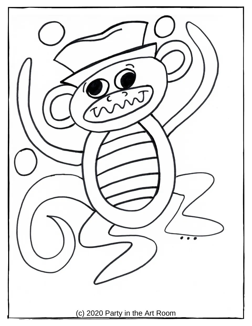 Monkey example and coloring sheet shows a hat, large eyes, a wavy smile, a striped belly, and juggling balls