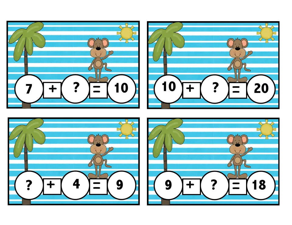 Missing addend equation cards: students find the unknown in 7 + ? = 10, 10 + ? = 20, ? + 4 = 9 and 9 + ? = 18