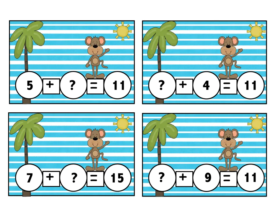 Unknown addend equation cards: students solve 5 + ? = 11, ? + 4 = 11, 7 + ? = 15 and ? + 9 = 11 to find each missing number