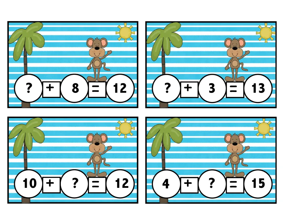 Monkey equation cards with a missing addend: students solve ? + 8 = 12, ? + 3 = 13, 10 + ? = 12 and 4 + ? = 15