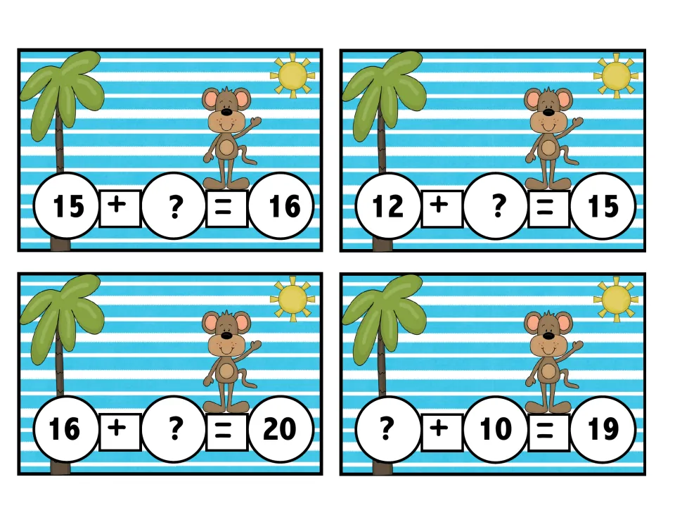 Addition cards with an unknown addend up to 20: students solve 15 + ? = 16, 12 + ? = 15, 16 + ? = 20 and ? + 10 = 19