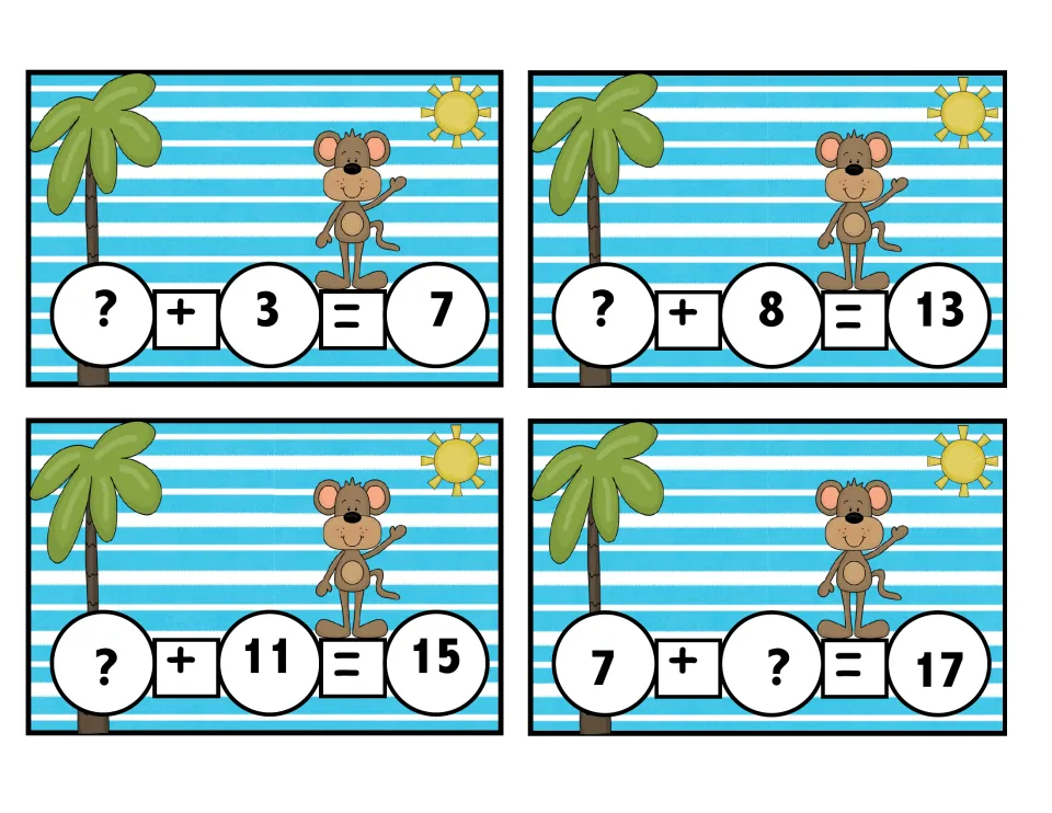 Final missing-number equation cards: students find the unknown in ? + 3 = 7, ? + 8 = 13, ? + 11 = 15 and 7 + ? = 17