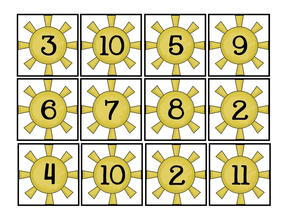 Sun answer cards to cut out, showing 3, 10, 5, 9, 6, 7, 8, 2, 4, 10, 2 and 11 for students to match to the equation cards