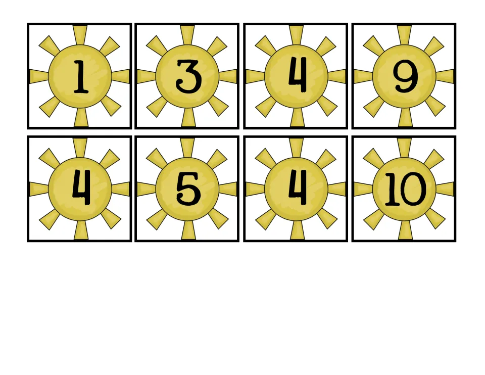 Remaining sun answer cards numbered 1, 3, 4, 9, 4, 5, 4 and 10, which students match to the missing addend in each equation