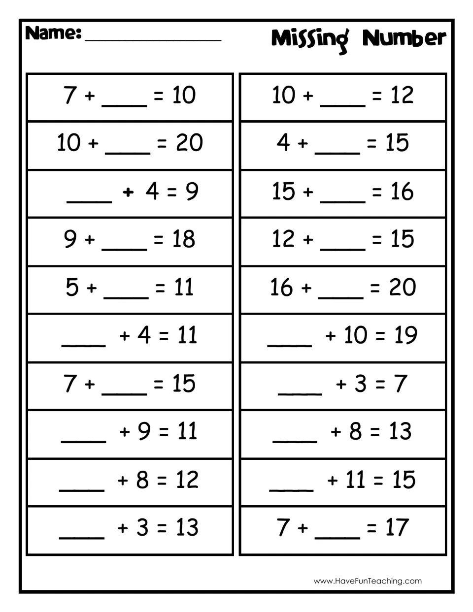 Missing Number worksheet: students write the unknown addend in 20 equations such as 7 + __ = 10 and __ + 3 = 13