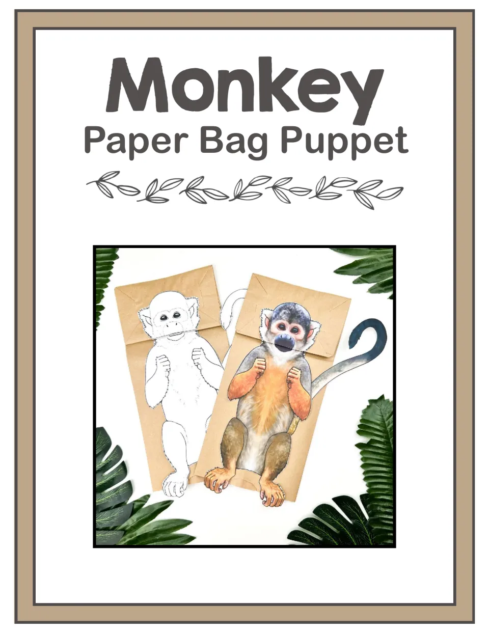 Monkey Paper Bag Puppet cover: photo of two finished monkey puppets on paper bags, one colored, one black-and-white