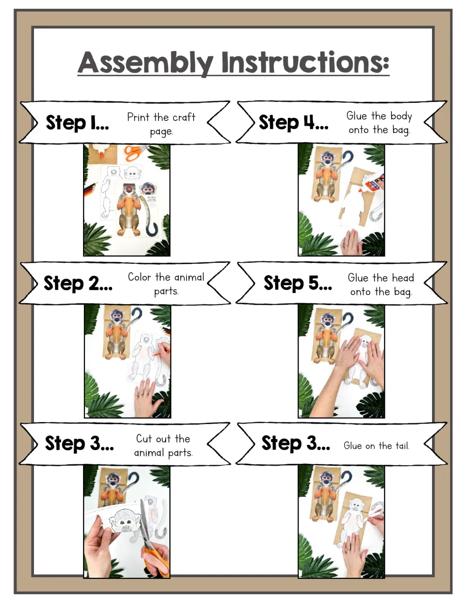 Assembly instructions: six photo steps to print, color and cut out the monkey parts, then glue body, head and tail on a bag