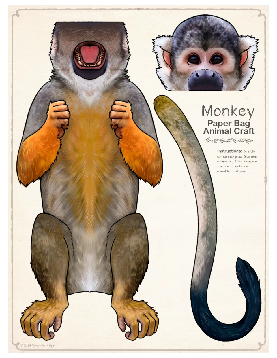 Full-color monkey cut-out pieces: body with open mouth, head flap and long black-tipped tail to cut and glue on a bag