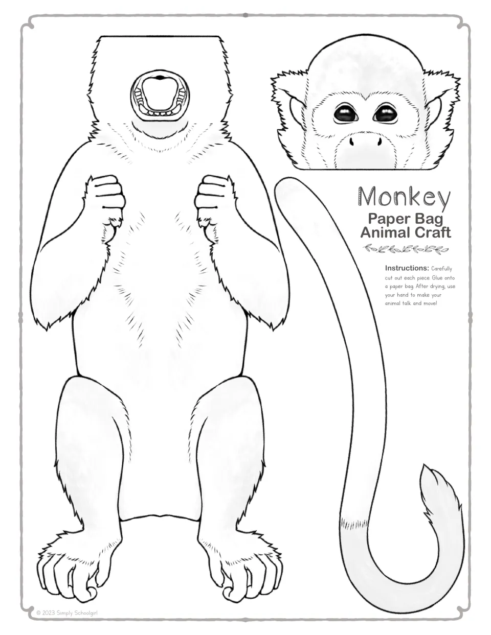 Black-and-white monkey outline pieces: body, head flap and curled tail for students to color, cut out and glue onto a bag