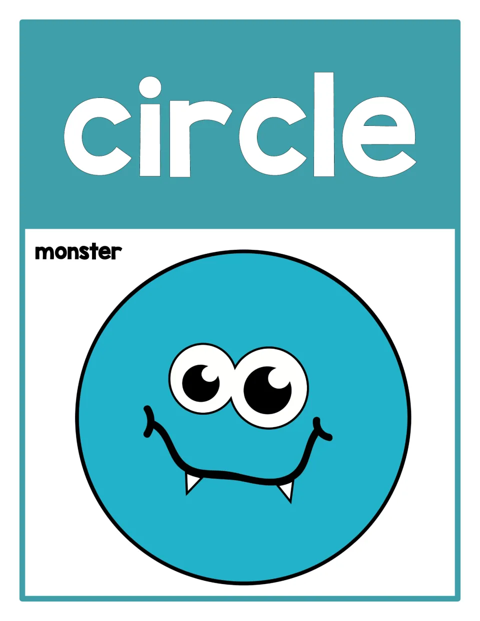 Circle poster from the 2D shape set, labeled 'circle' and 'monster,' featuring a round turquoise monster.