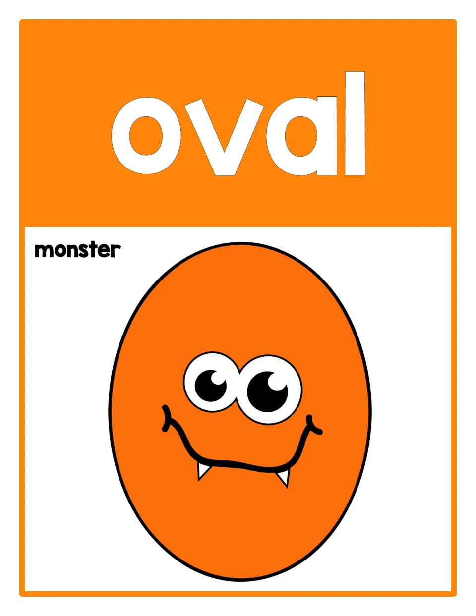 Oval poster from the 2D shape set, labeled 'oval' and 'monster,' featuring a tall orange oval monster.