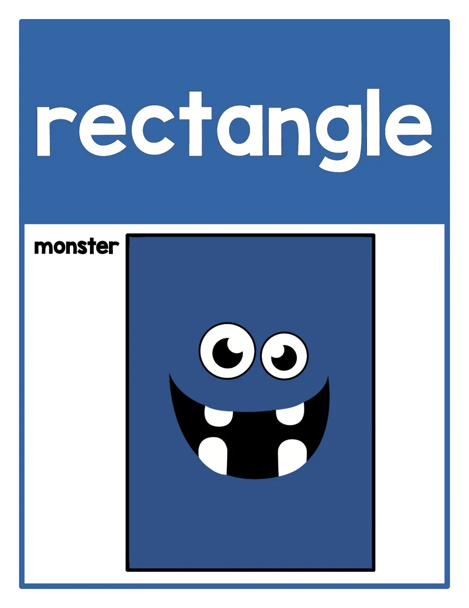 Rectangle poster from the 2D shape set, labeled 'rectangle' and 'monster,' featuring a blue rectangular monster.