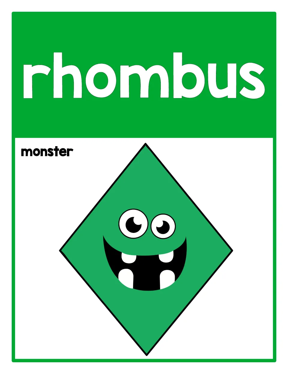 Rhombus poster from the 2D shape set, labeled 'rhombus' and 'monster,' featuring a green rhombus monster.