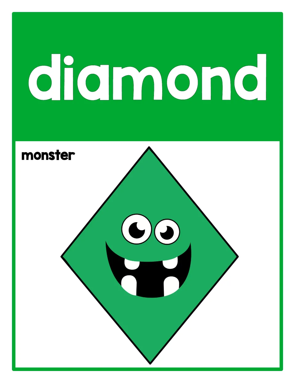 Diamond poster from the 2D shape set, labeled 'diamond' and 'monster,' featuring a green diamond monster.