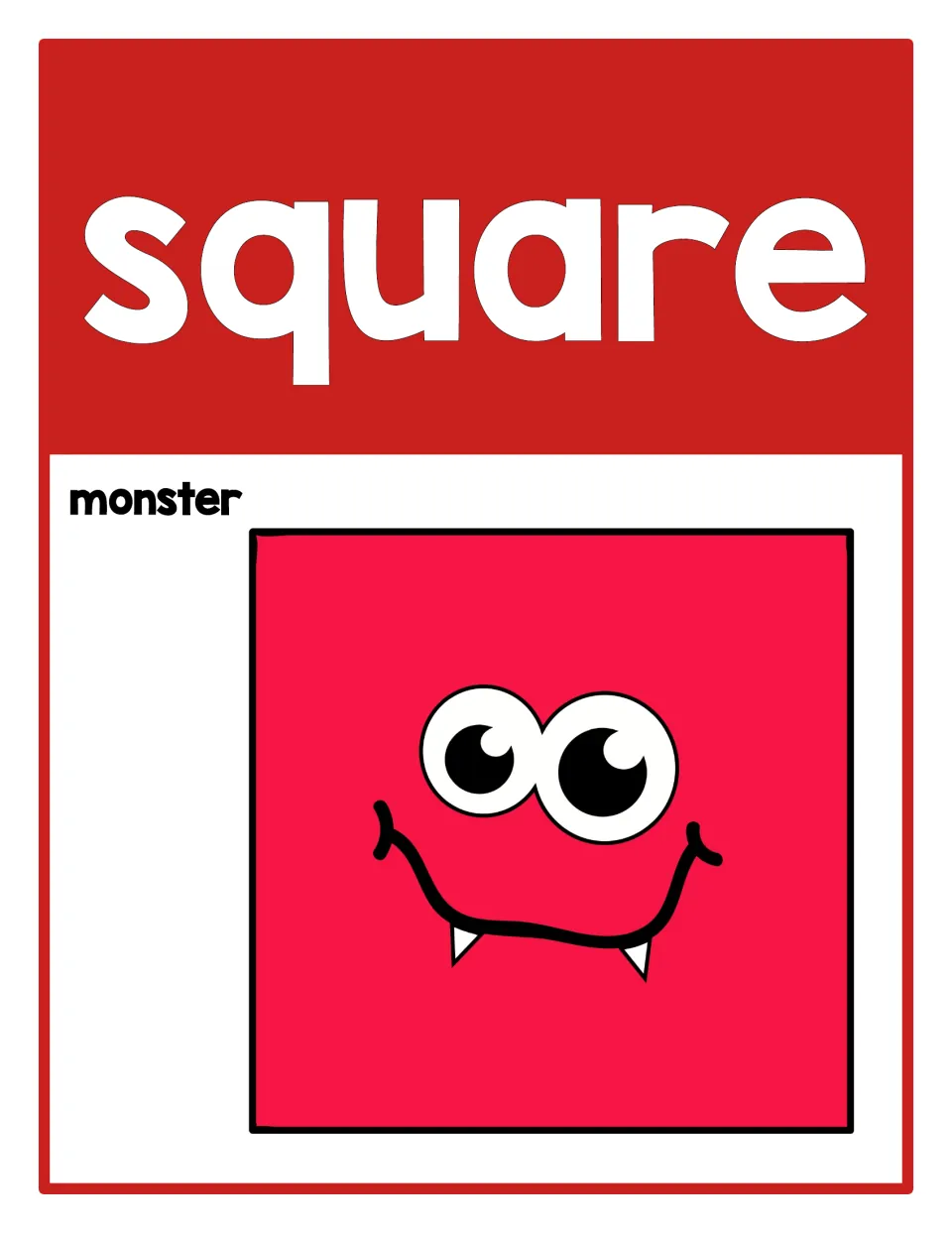 Square poster from the 2D shape set, labeled 'square' and 'monster,' featuring a bright pink square monster.