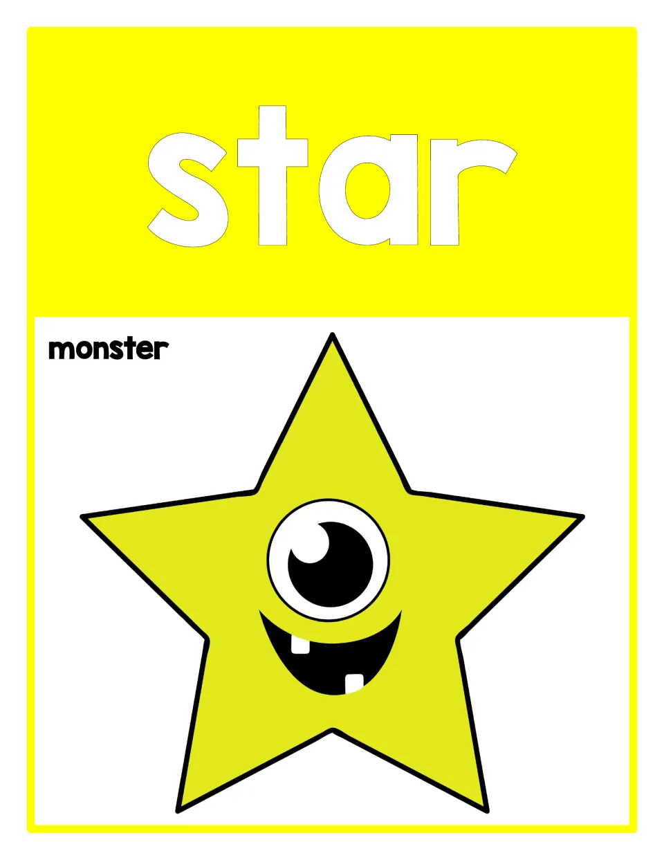 Star poster from the 2D shape set, labeled 'star' and 'monster,' featuring a yellow five-pointed monster.