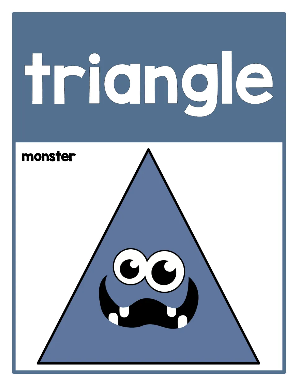Triangle poster from the 2D shape set, labeled 'triangle' and 'monster,' featuring a blue triangular monster.