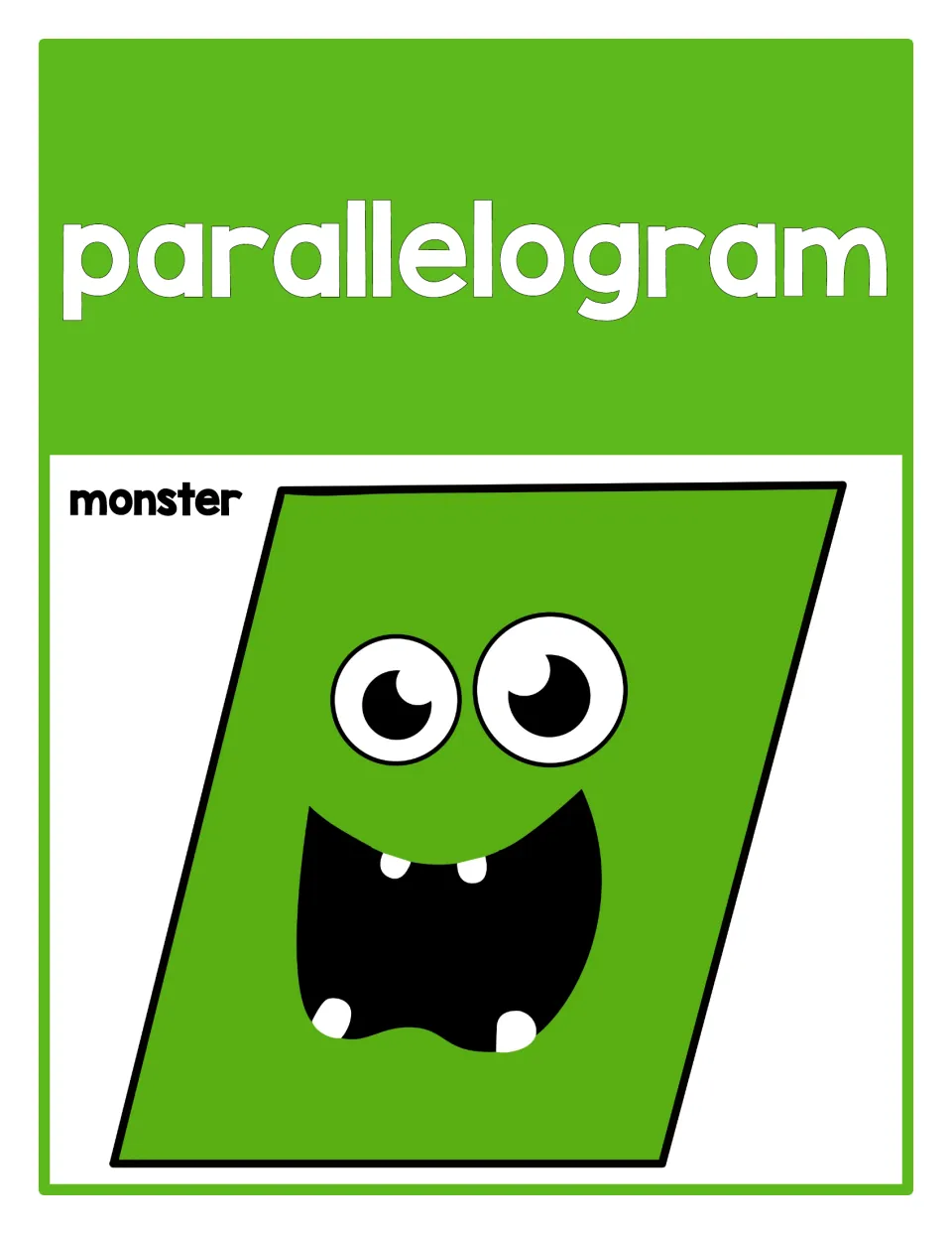 Parallelogram poster from the 2D shape set, labeled 'parallelogram' and 'monster,' showing a green shape monster.