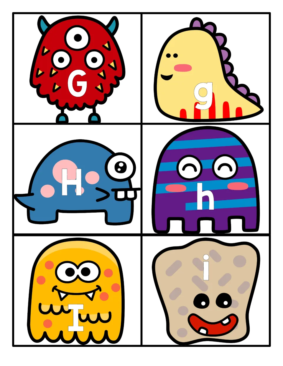 Letter cards G to I: monster cards labeled G, g, H, h, I and i for naming letters and pairing each capital with its match