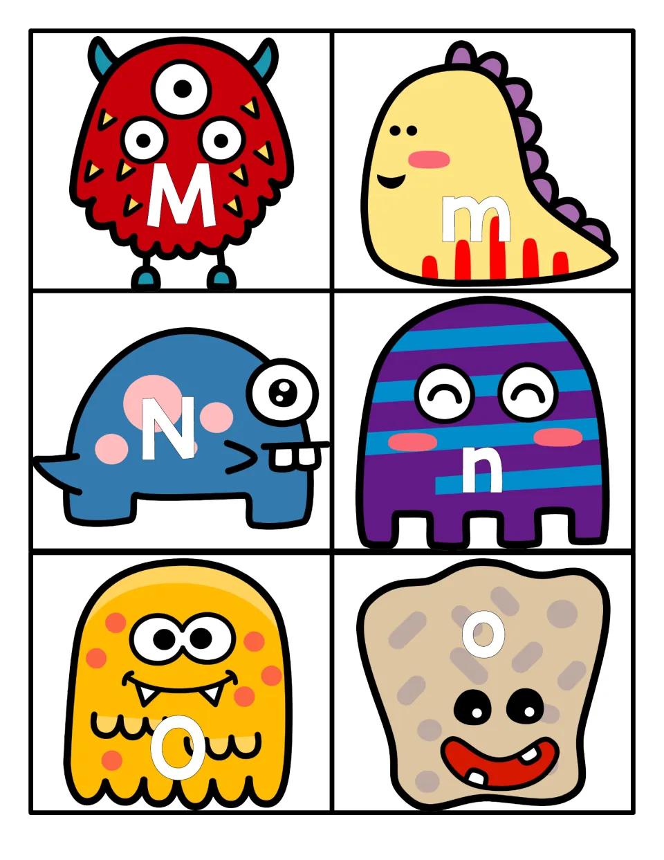 Letter cards M to O: monster cards print M, m, N, n, O and o for letter identification and upper- and lowercase matching