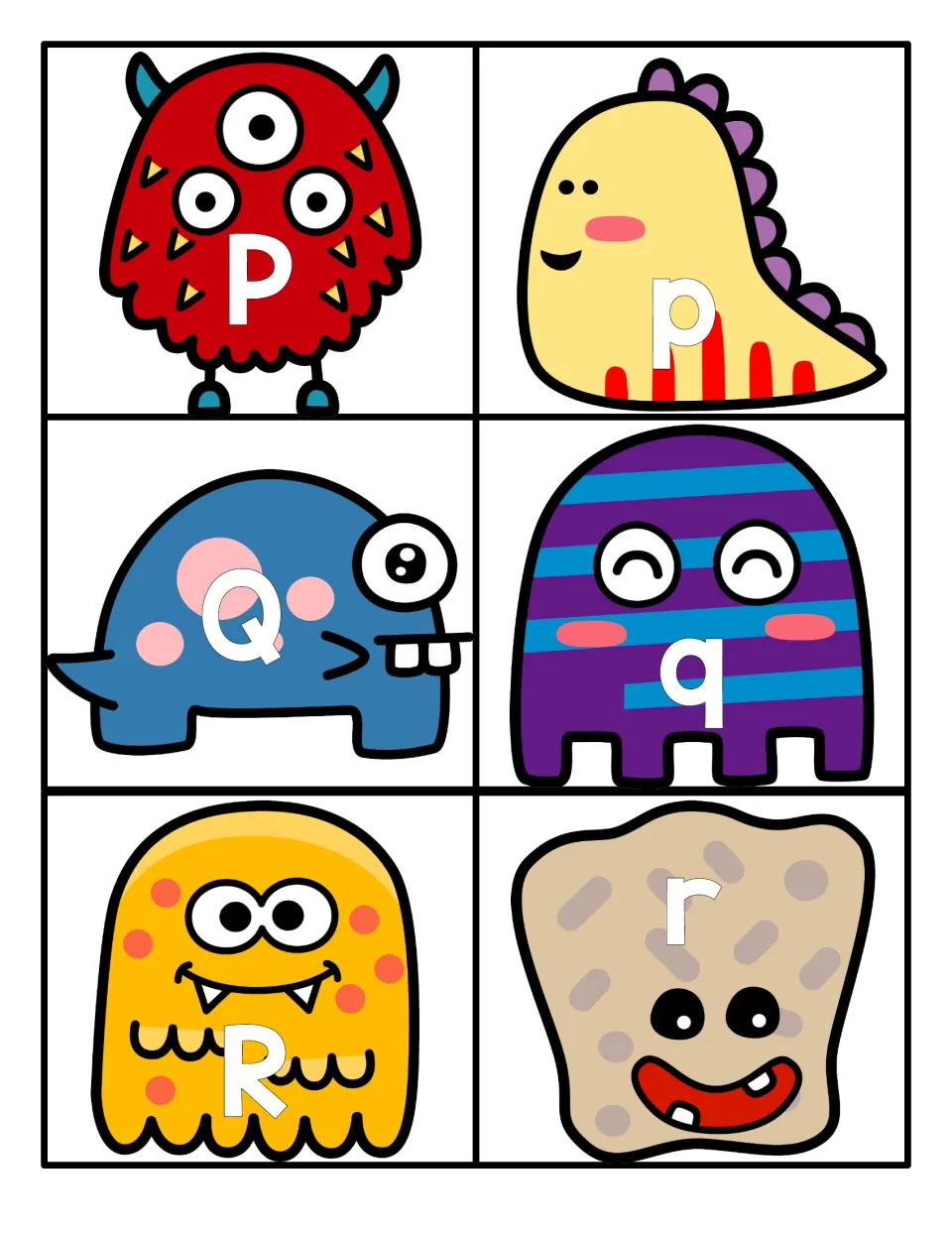 Letter cards P to R: monster cards with P, p, Q, q, R and r for telling apart and matching capital and lowercase letters