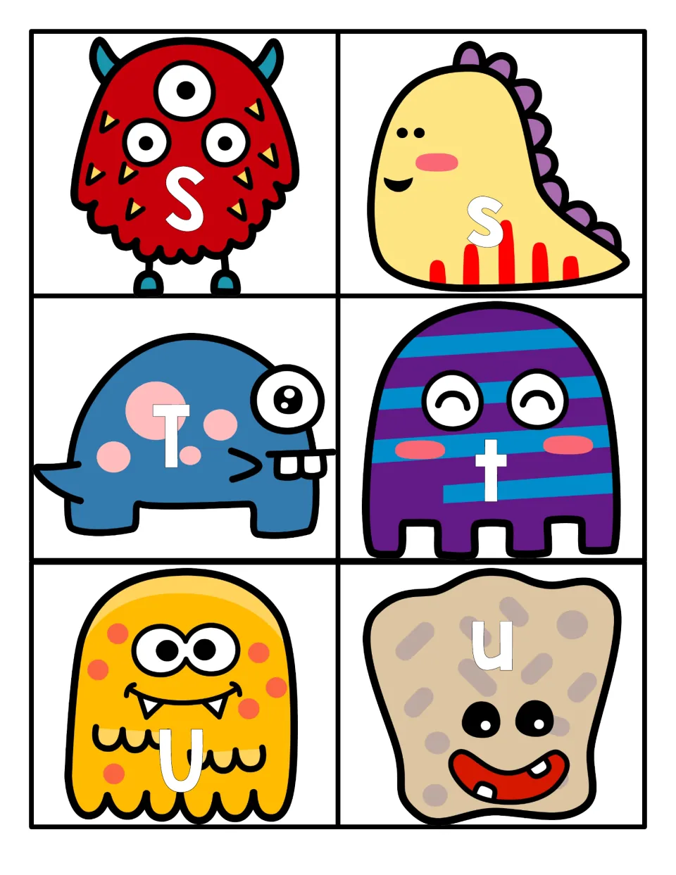Letter cards S to U: six monsters labeled S, s, T, t, U and u for recognizing letters and pairing uppercase with lowercase