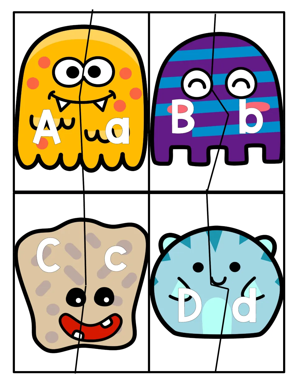 Letters A to D: students cut four monster cards in two and match each uppercase letter to its lowercase partner
