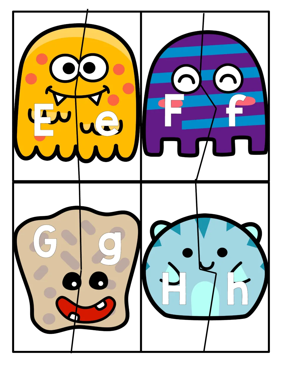Letters E to H: two-piece monster puzzles where children join uppercase E, F, G and H with the matching lowercase