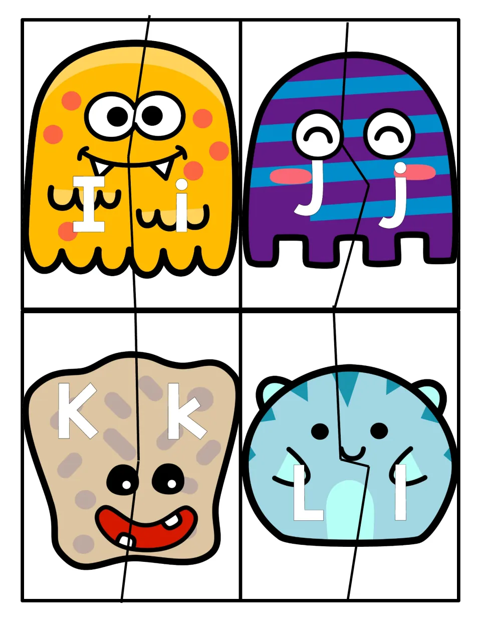 Letters I to L: monster puzzles split down the middle so children pair uppercase I, J, K and L with lowercase forms