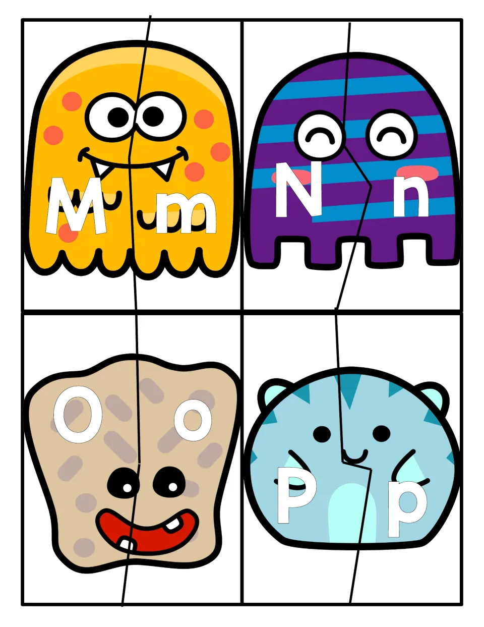 Letters M to P: cut-apart monster puzzles for matching uppercase M, N, O and P to lowercase m, n, o and p