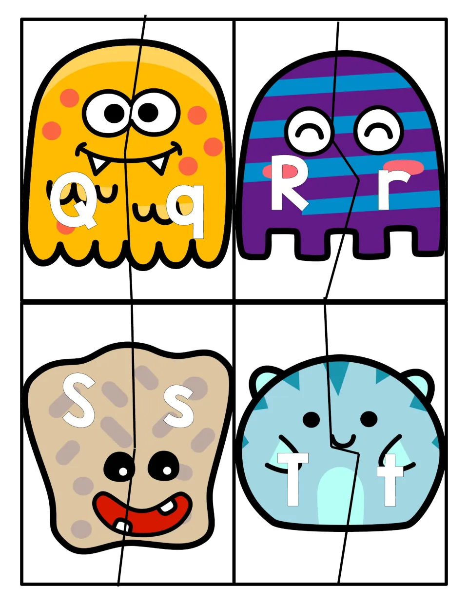 Letters Q to T: four monster puzzles; children match capital Q, R, S and T to the lowercase half to build each monster