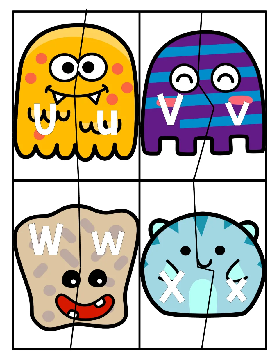 Letters U to X: monster puzzle halves for pairing uppercase U, V, W and X with matching lowercase letters