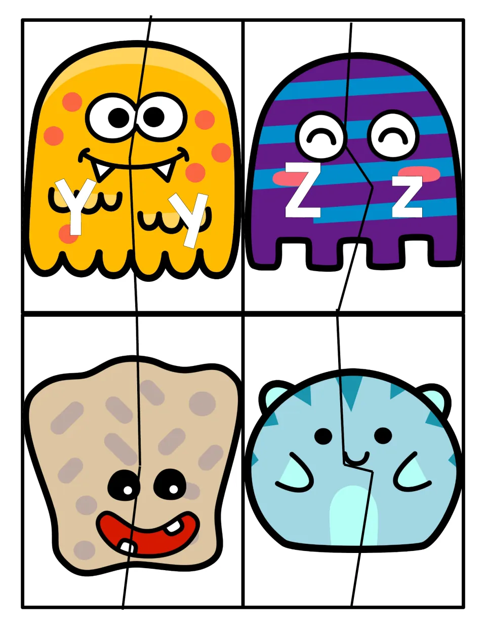 Letters Y and Z: monster puzzles matching uppercase to lowercase, plus two blank monster puzzles with no letters