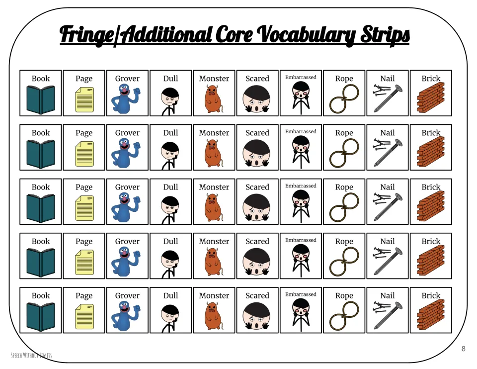 Vocabulary support sheet repeats five identical strips of 10 pictured words, including Grover and scared