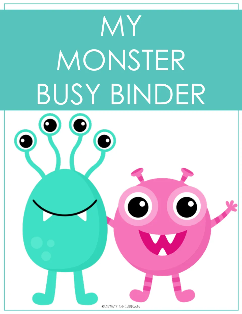 My Monster Busy Binder cover: title over a smiling teal four-eyed monster and a waving pink monster with antennae