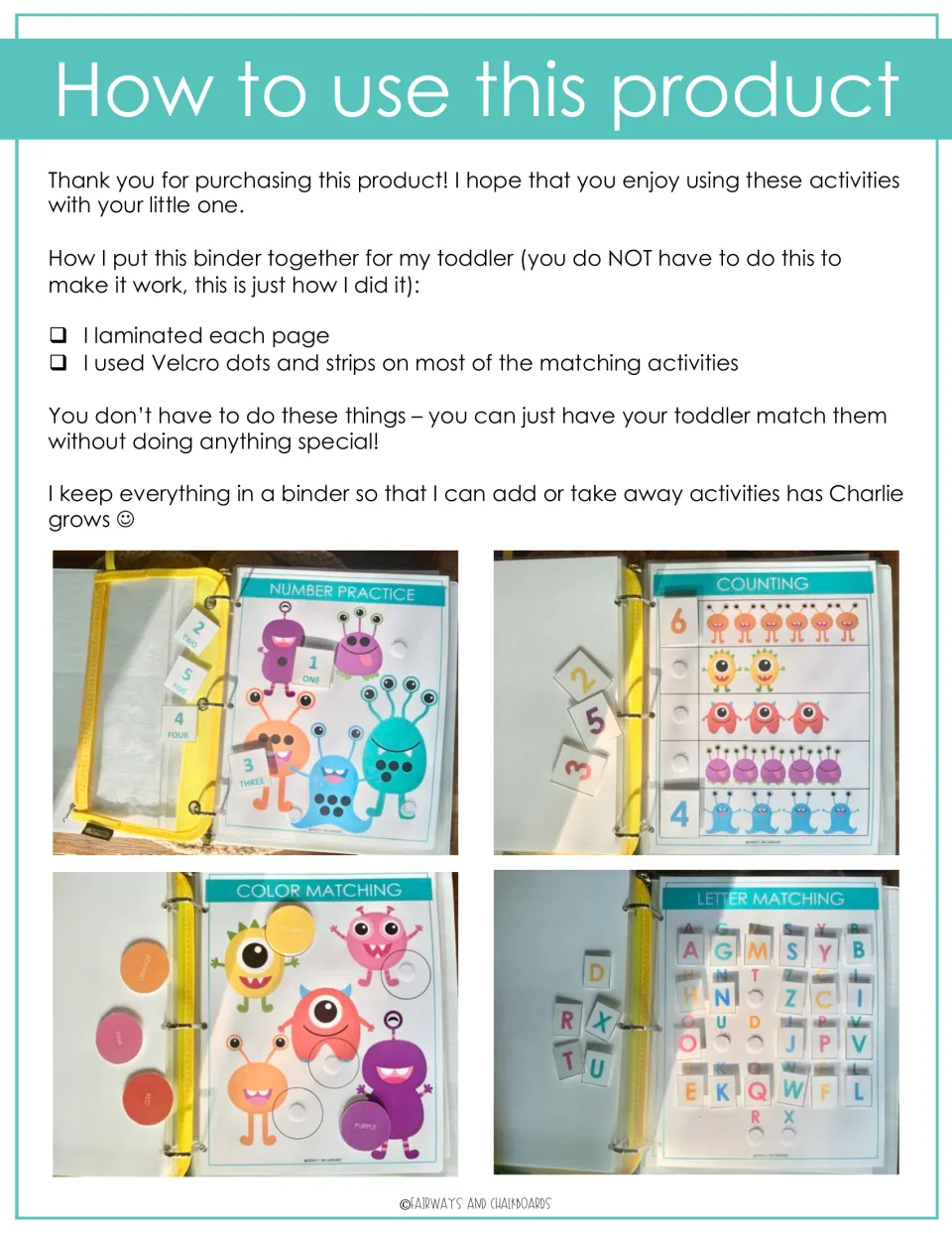 How to use: laminate pages and add Velcro dots, with photos of number practice, counting, color and letter matching pages