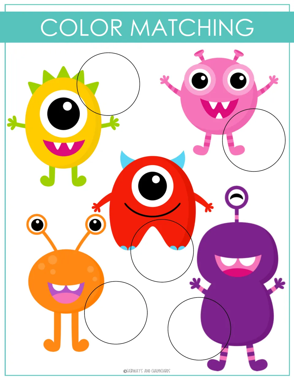 Color matching: children place yellow, pink, red, orange and purple color circles on the circle beside each monster